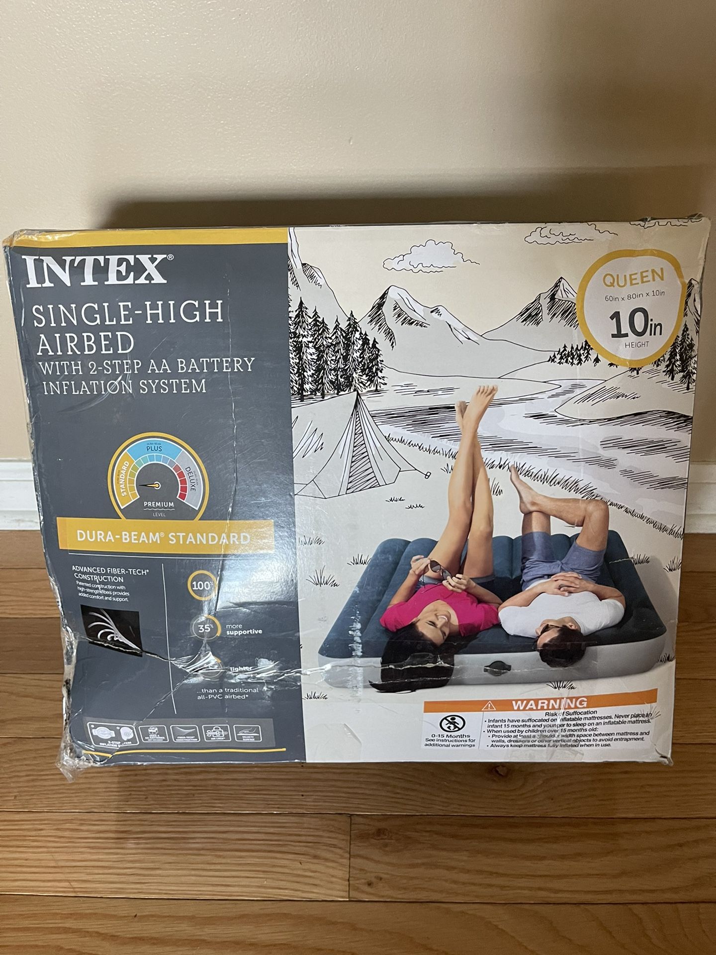 Intex 10" Queen Size Air Mattress with 2-Step AA Battery Inflation Pump