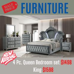 SALE, 4 Pc Queen Bedroom Set In Gray Velvet And LED LIGHT 