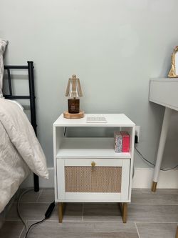 Night stand - white wood and wicker