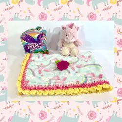 Unicorns and Rainbows Crochet Baby Blanket Gift Set