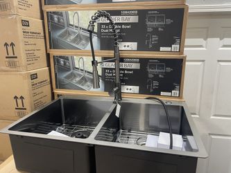 Glacier Bay 33 in. Drop-In 50/50 Double Bowl Kitchen Sink, Gunmetal Black PVD Finish, 18 Gauge 304 Stainless Steel, Spring Faucet