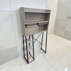 Over The Toilet Storage Cabinet - Elegant Grey Bathroom Organizer with Sliding Barn Door! Excellent condition! 32x12x60in Center Height 35in