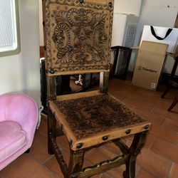 Antique Embossed Leather And Solid Wood Chairs PRICED INDIVIDUALLY