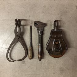 Antique Hay Grapple, Screwdriver, Wrench & Pulley