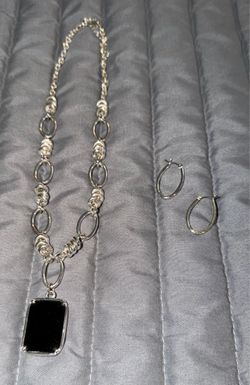 Vintage Avon Black Onyx Silver Faceted Necklace & Earring set