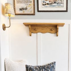 Vintage Natural Solid Oak Wall Shelf with Peg Hooks Cottage Farmhouse Entryway Wall Mounting Wood 