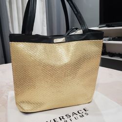 Versace Parfums large gold and black tote bag with a golden weave body and black faux leather straps