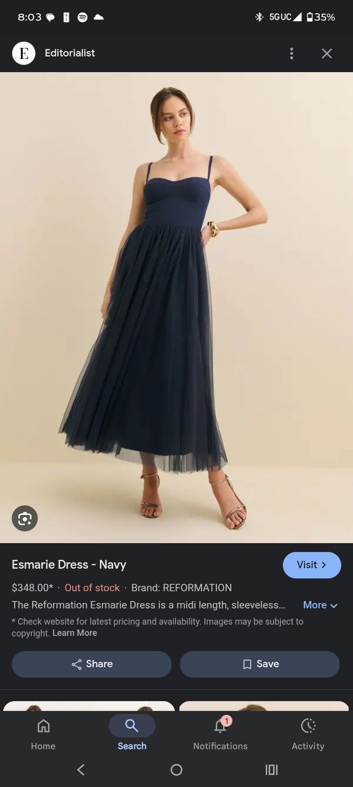 Reformation Esmarie Dress (Navy Blue) Size 12  