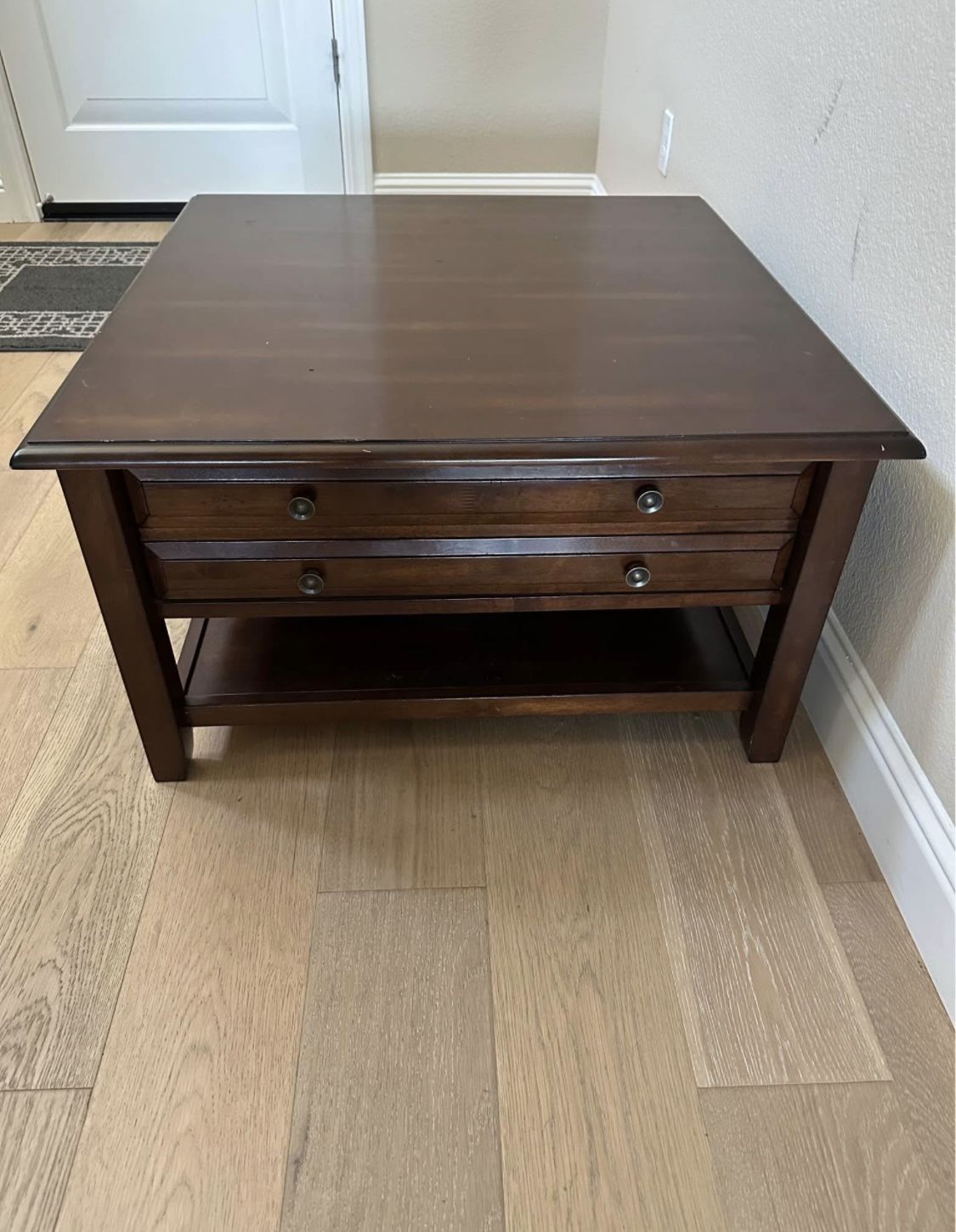 Wooden center brown table excellent condition drawer pier 1 imports square