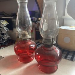 Vintage Red Glass Hurricane Oil Lamps Pair
