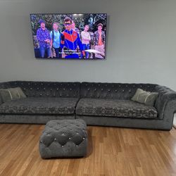 Gray couches and ottoman  with crystal buttons