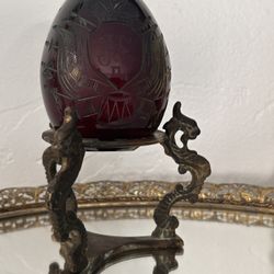 Russian Red Crystal Glass Egg Paperweight in style of Faberge w Dragon Stand 