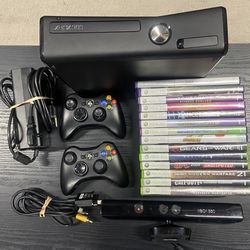 Microsoft Xbox 360 S Console With Kinect, 2 Wireless Controllers and 14 Games  For Sale $110  OBO.  Tested.