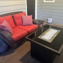 Outdoor Patio Set With Gas Fireplace. Wicker Loveseat With End Table. Great Shape 