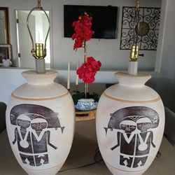 Rare Vintage Carved Embossed "1986 Casual Lamps" Southwestern, Native American, Plaster Table Lamps, Tribal Design, Indigenous, Pueblo Style Lamps 
