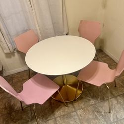 Retro Pink Dining Set w/ White Table & 4 Gold Leg Chairs