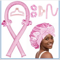 Heatless Hair Curler,Blowout Heatless Curls Overnight,No Heat Curling Rod Set with Satin Bonnet for Sleep in,Pink