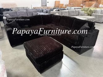 NEW Modern Classic Black Fabric Corner Sectional Sofa and Ottoman Set Ashley style BIG COUCH SALE Discount Furniture Warehouse Clearance Closeout