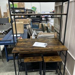 Kitchen Island with Stools, Dining Table Set with Storage and Power Outlet, Industrial Coffee Bar Table