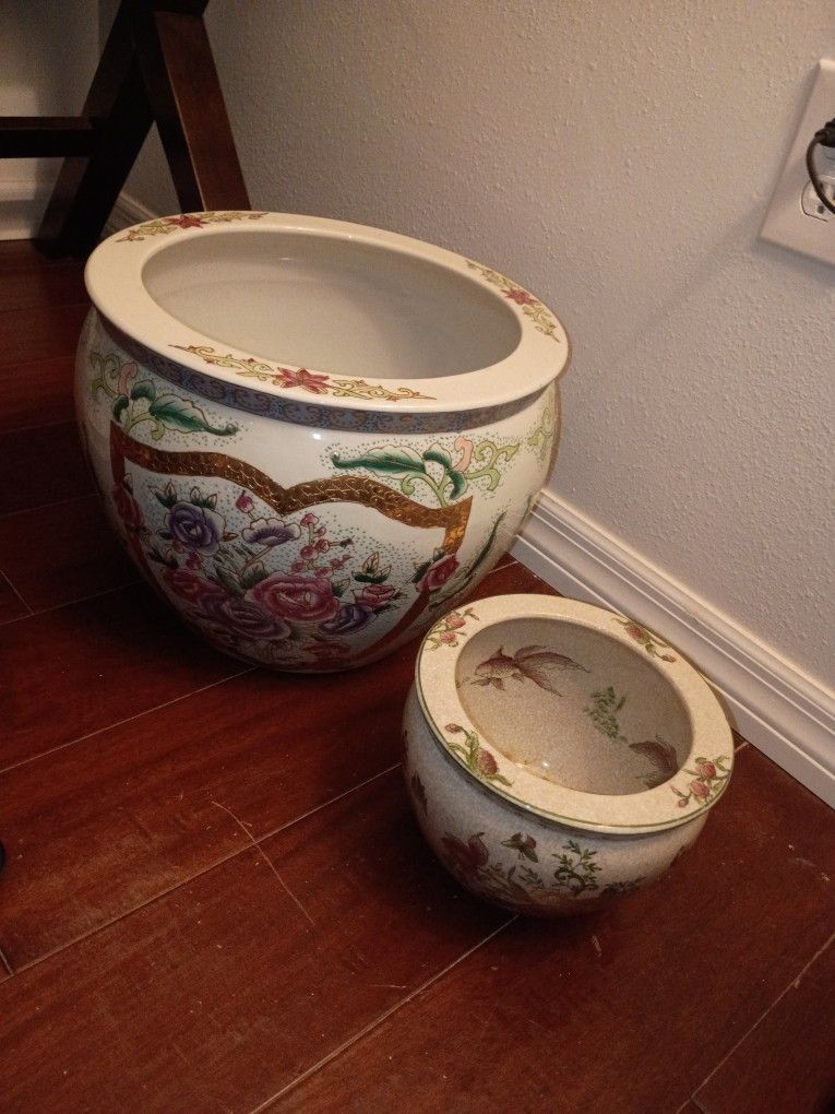 Pair Of Vtg Vintage Koi Fish Bowl Planters Porcelain Ceramic
