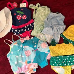 Girls 6-12 months infant bathing suits some brand new w tags/ white beach hat w flower