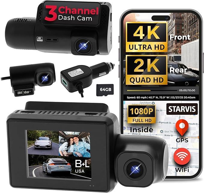 3 Channel Dash Cam Sony STARVIS IMX Sensors 4K Front, 2K Rear, Inside, WiFi, Night Vision, GPS, G-Sensor, Minivan, SUV, Car, Pick Up, Truck