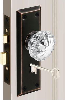 Antique Mortise Keyed Lock Set with Glasses Knobs. Replacing Vintage Door Knob Sets with Skeleton Keys, Fits 1-3/8"-1-3/4" Interior Doors, Backset 2-3
