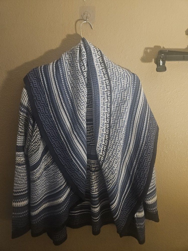 Womens Charter Club Cardigan Open Knit Sweater Stripe Shawl Collar Blue XL