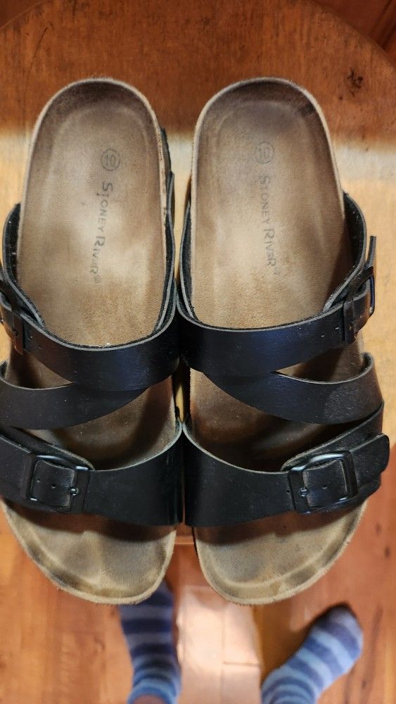 Womens Black Leather Strap Sandals Size 10