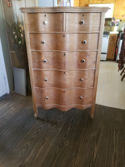 Dresser - Antique Serpentine Bird's Eye Maple Dresser - Wood Wheels