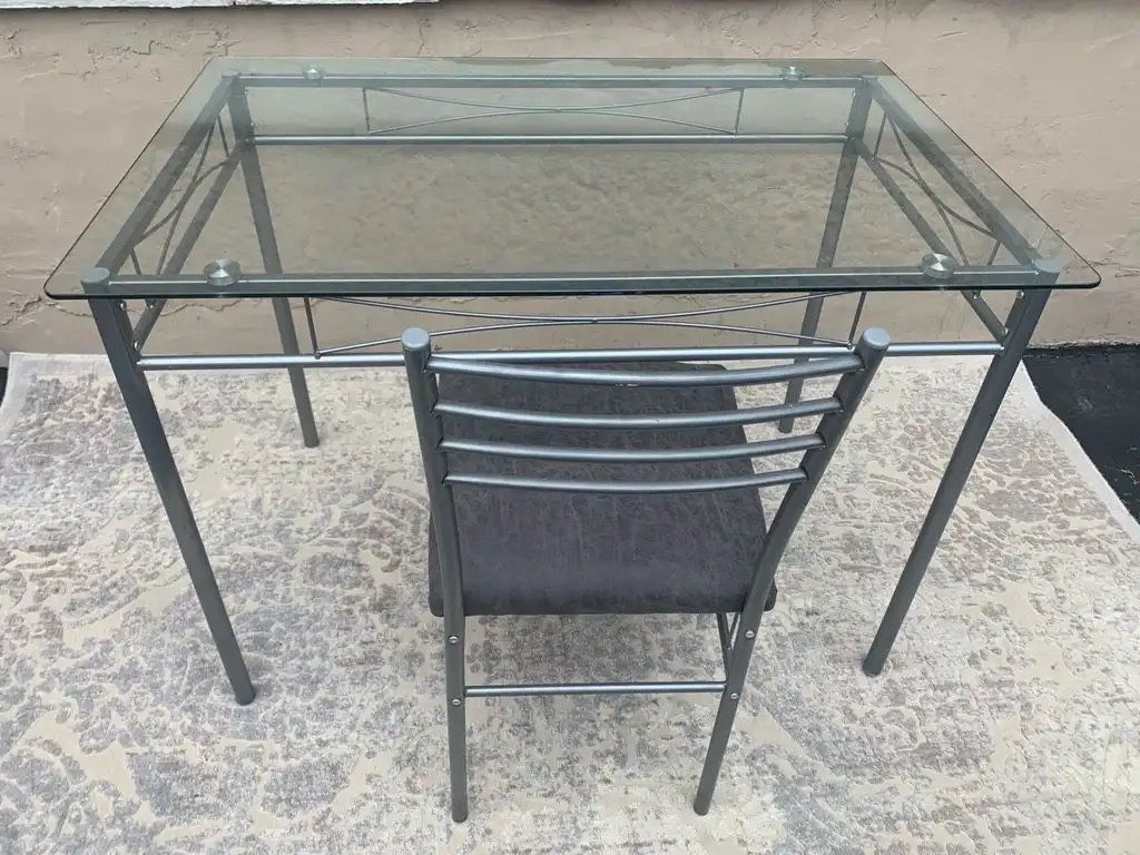 Desk and chair small glass top silver metal 42 Wx 27 1/2Dx 30H New upholstered chair