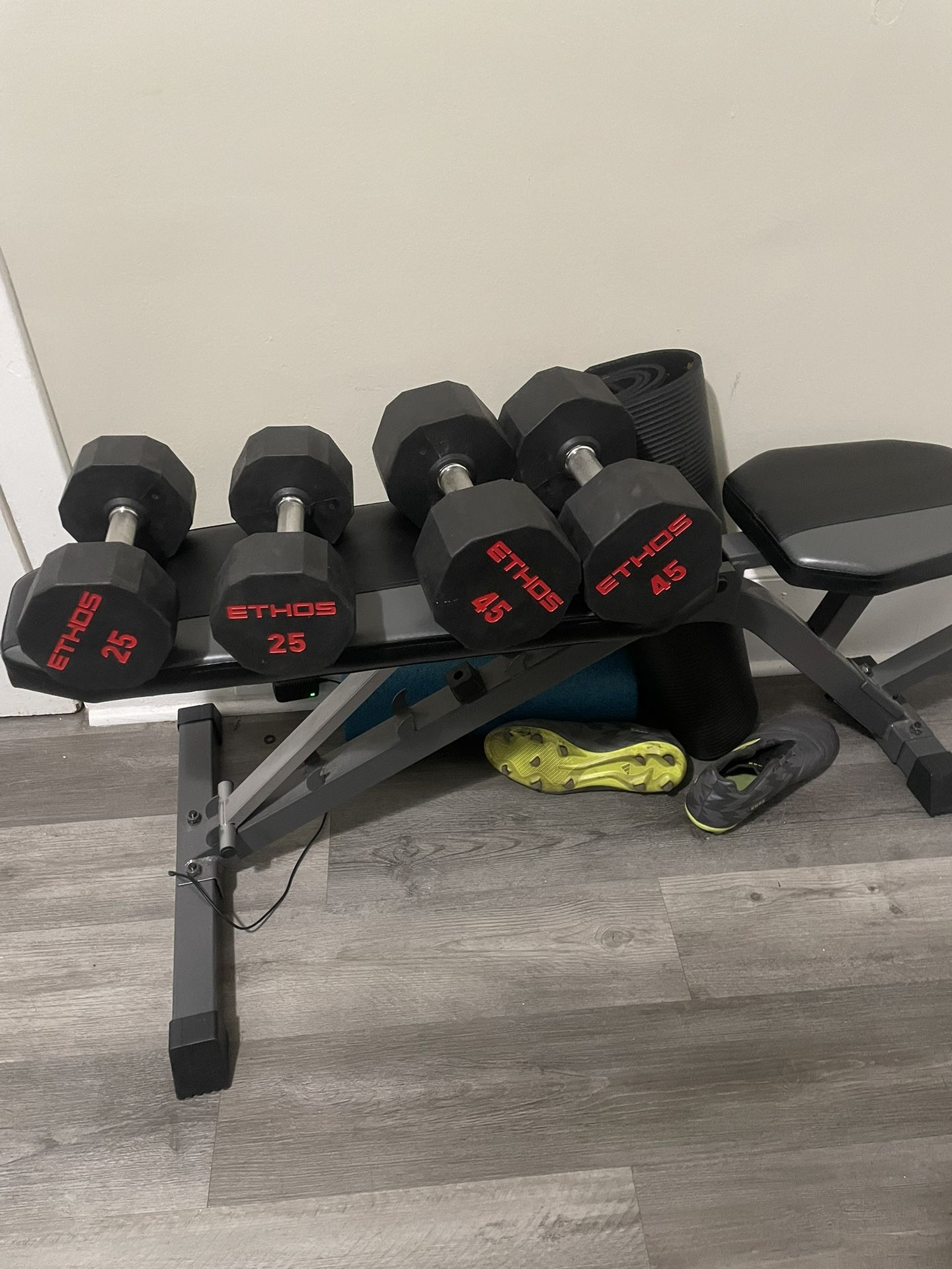 Ethos Black And Red Dumbbells 25 - 45 LB And A Bench Used 2 Time Only