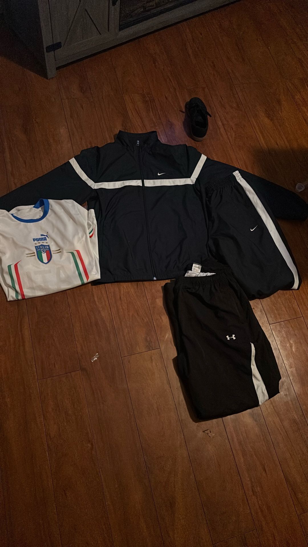 Nike track pant and windbreaker underarmour sweats and italy jersey