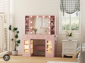 Pink Vanity Desk with Lighted Mirror and Storage