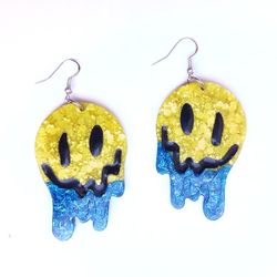 Yellow and blue glitter drip drippy smiley face dangle earrings new handmade 