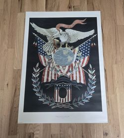 1973 US Marines Print Of JAPANESE SILKWORK Marine Corp Symbol Vintage 35x24"