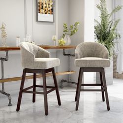 Brand New Bar Stools, swivel bar stools with back, solid rubber wood legs and linen padded seat