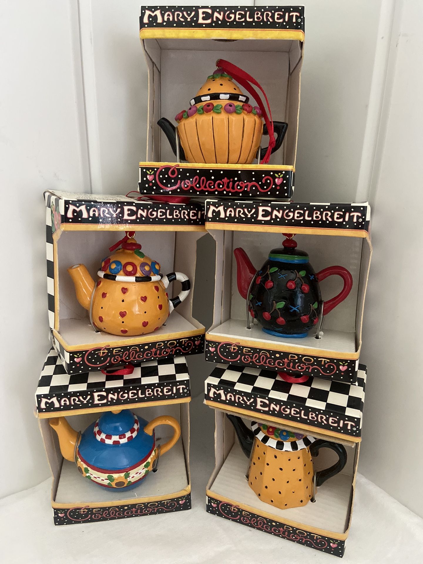 New 1990s Vintage Mary Engelbreit Miniature Teapot Tea pot Collection Hanging Ornament LOT of 5