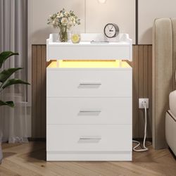 Large Nightstand with Charging Station and LED Lights, Set Of 1, White 