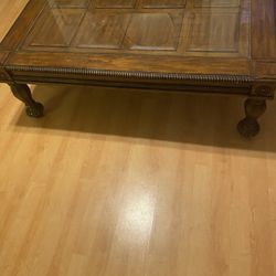 ☕️ Glass Top Coffee Table – Carved Wood Base