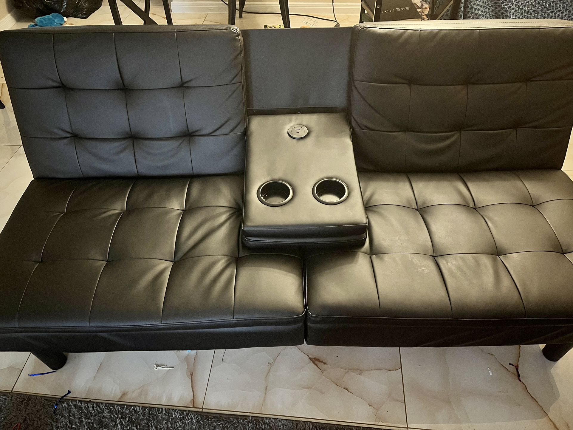 Black Futon, Convertible Sofa With USB/C Charging Station