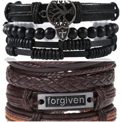 2 x Set Adjust. Size up to 9.5inc Leather Bracelet, Tree of Life (Black-Forgiven)