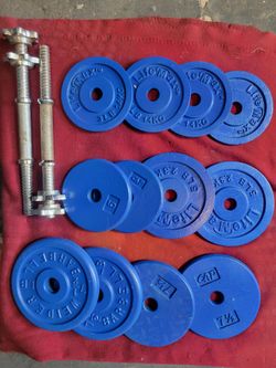 ADJUSTABLE  DUMBBELLS 1" HOLE  62LBs.  
4-7.5s  4-5s. . 4-3s 
11525 S HALSTED /7111.S WESTERN 
55$  CASH ONLY AS IS.