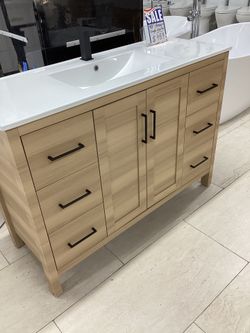 48” Bathroom Vanity Cabinet New Wood Color Fully Assembled White Ceramic Top Sink Integrated Ready For Pick Up Today