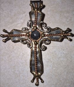 Lg 3.5” Handcrafted Mixed-Metal Cross Pendant–Natural Labradorite Stone Statement Medallion