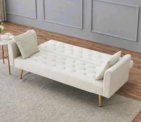 Cream Velvet Tufted Convertible Sofa Bed