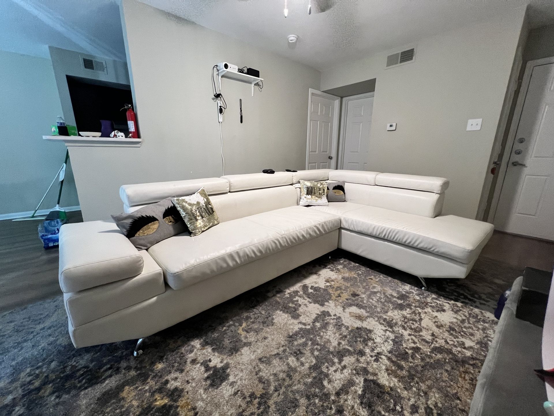 Wide Faux Leather Couch in White