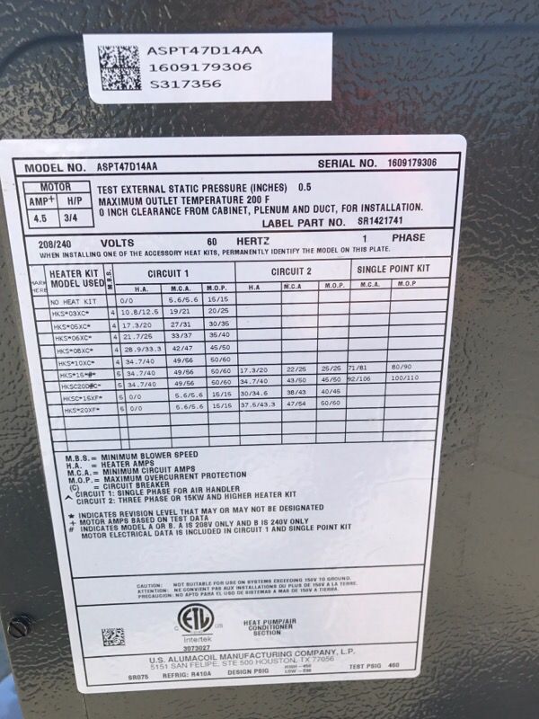 Goodman 3 ton air handler a/c