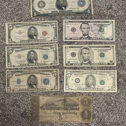 $5 Bank Notes Lot Of 8
