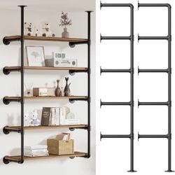 Industrial Pipe Shelf 5-Tier Wall-Mount(no Plank Included): DIY Open Bookshelf Retro - Farmhouse Iron Pipe Storage Shelves